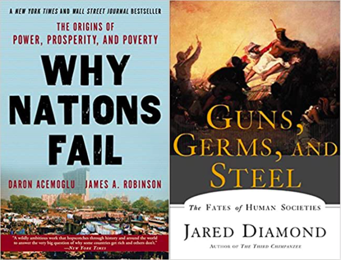 Covers of Why Nations Fail and Guns Germs and Steel